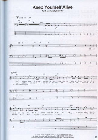 Queen Keep Yourself Alive score for Bass