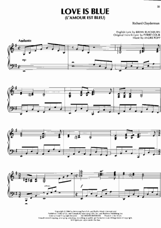 Richard Clayderman Love Is Blue score for Piano