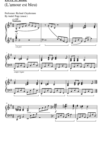 Richard Clayderman Love is Blue Lamour est bleu score for Piano