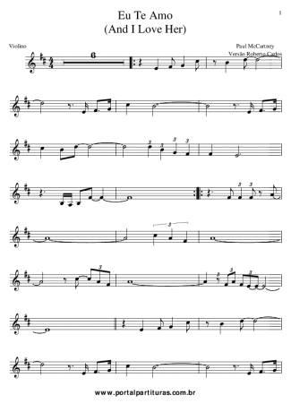 Roberto Carlos Eu Te Amo (And I Love Her) score for Violin