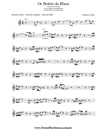 Roberto Carlos Os Botões da Blusa score for Tenor Saxophone Soprano (Bb)