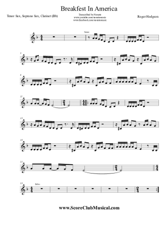 Roger Hodgson Breakfest in America score for Tenor Saxophone Soprano (Bb)