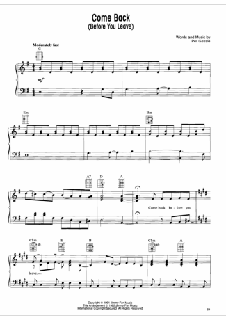 Roxette Come Back (Before You Leave) score for Piano