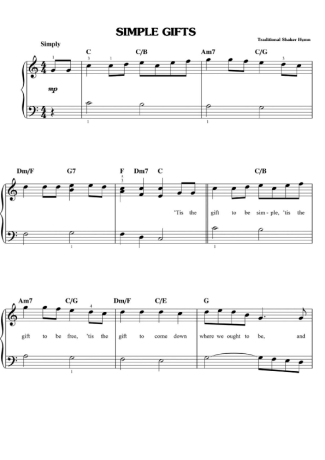 Shaker Song Simple Gifts score for Piano