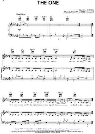 Shakira The One score for Piano