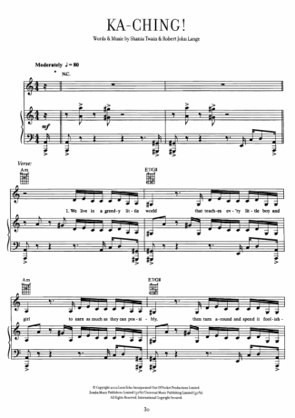 Shania Twain Ka Ching score for Piano