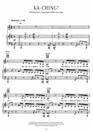 Shania Twain  score for Piano