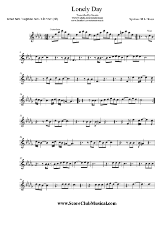 System Of A Down Lonely Day score for Clarinet (Bb)