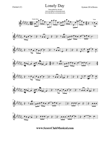 System Of A Down Lonely Day score for Clarinet (C)