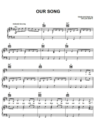 Taylor Swift Our Song score for Piano