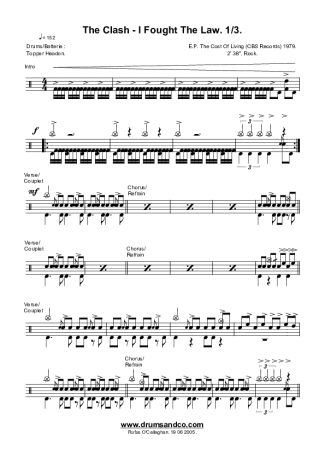 The Clash I Fought The Law score for Drums