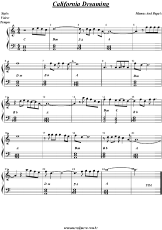 The Mamas and the Papas California Dreaming score for Piano