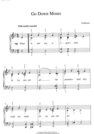 Traditional Gospel Music Go Down Moses score for Piano