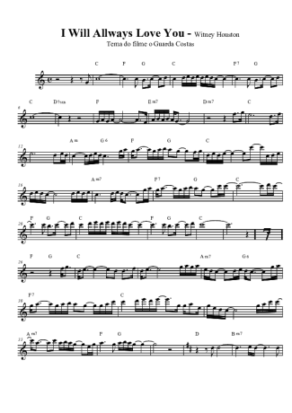 Whitney Houston I Will Allways Love You score for Tenor Saxophone Soprano (Bb)